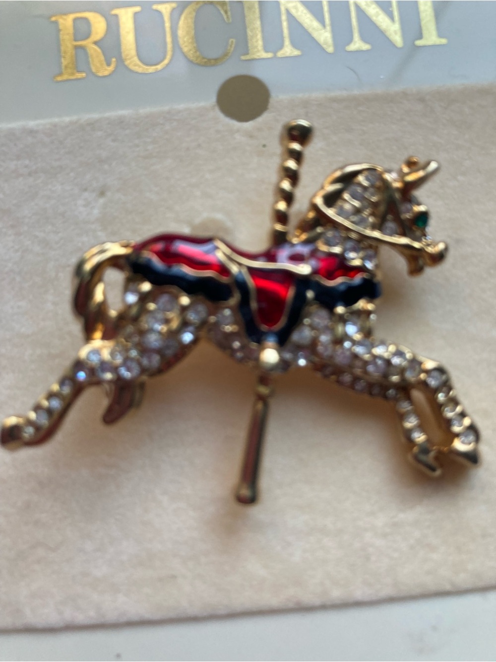 Gold-Tone Red Carousel Horse Brooch Pin NOS